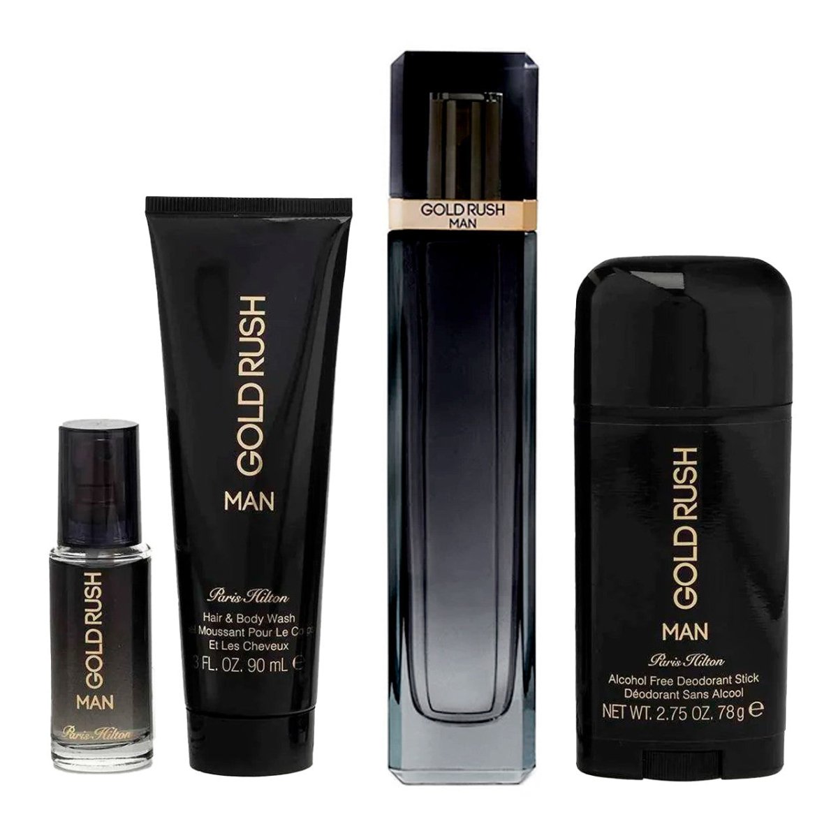 Gold Rush Estuche 4 Piezas Hombre by Paris Hilton EDT 100 ml + Gel p/bañar 90 ml + Desodorante + Mini 15ml