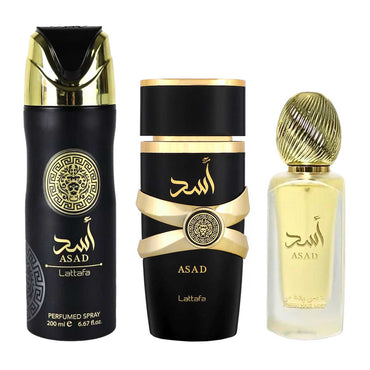 Lattafa Asad ESTUCHE 3 Piezas Hombre EDP 100ml + Refrescador para cabello 50ml + Perfume spray 200ml