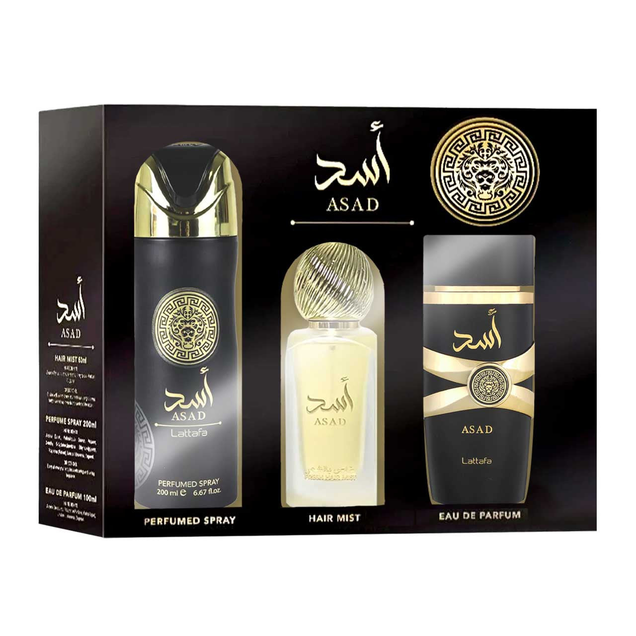 Lattafa Asad ESTUCHE 3 Piezas Hombre EDP 100ml + Refrescador para cabello 50ml + Perfume spray 200ml