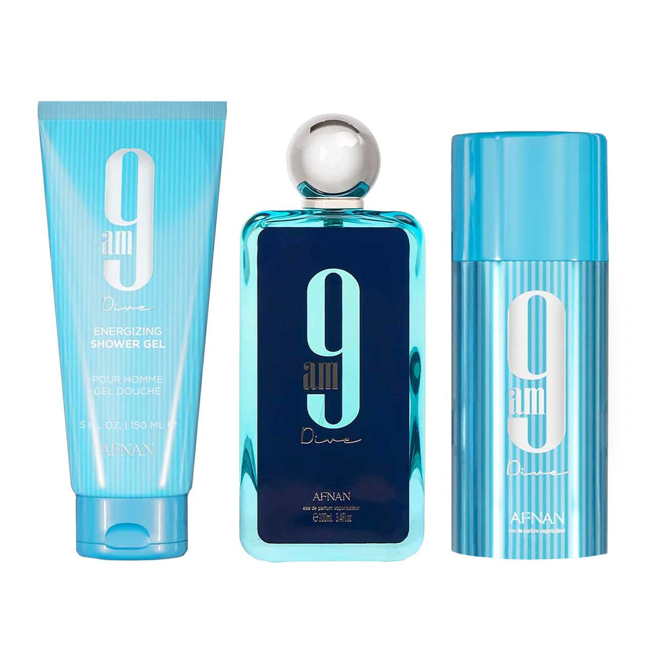 Afnan 9Am Dive SET 3 Piezas Unisex EDP 100ml + Gel De Ducha 150ml + Desodorante 150ml