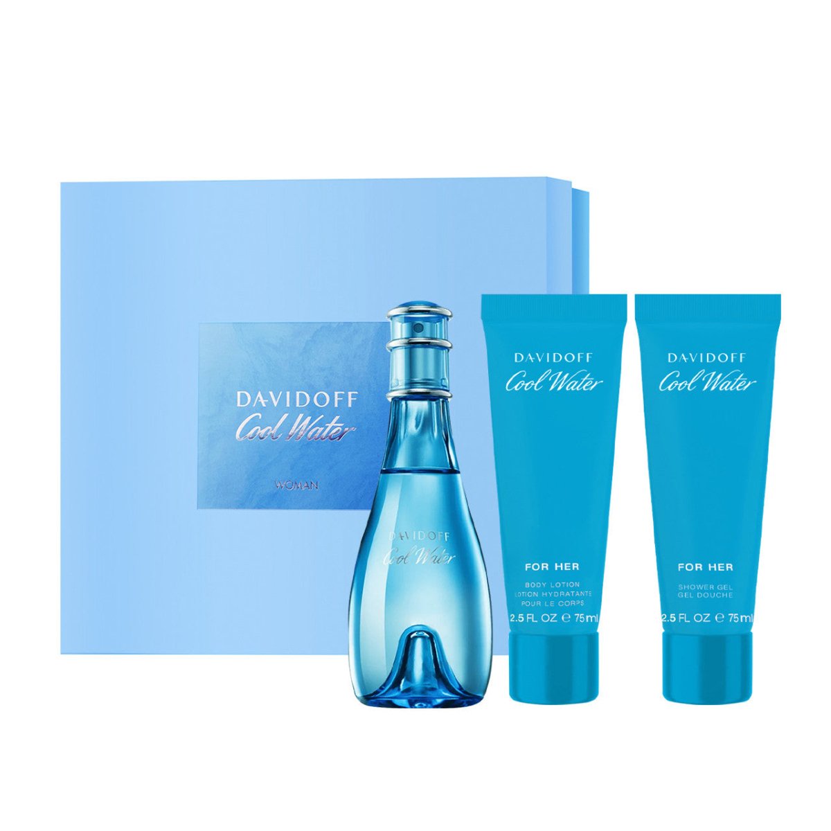 Cool Water SET 3 Piezas Dama EDT 100ml + Locion Corporal 75ml + Gel De Ducha 75ml