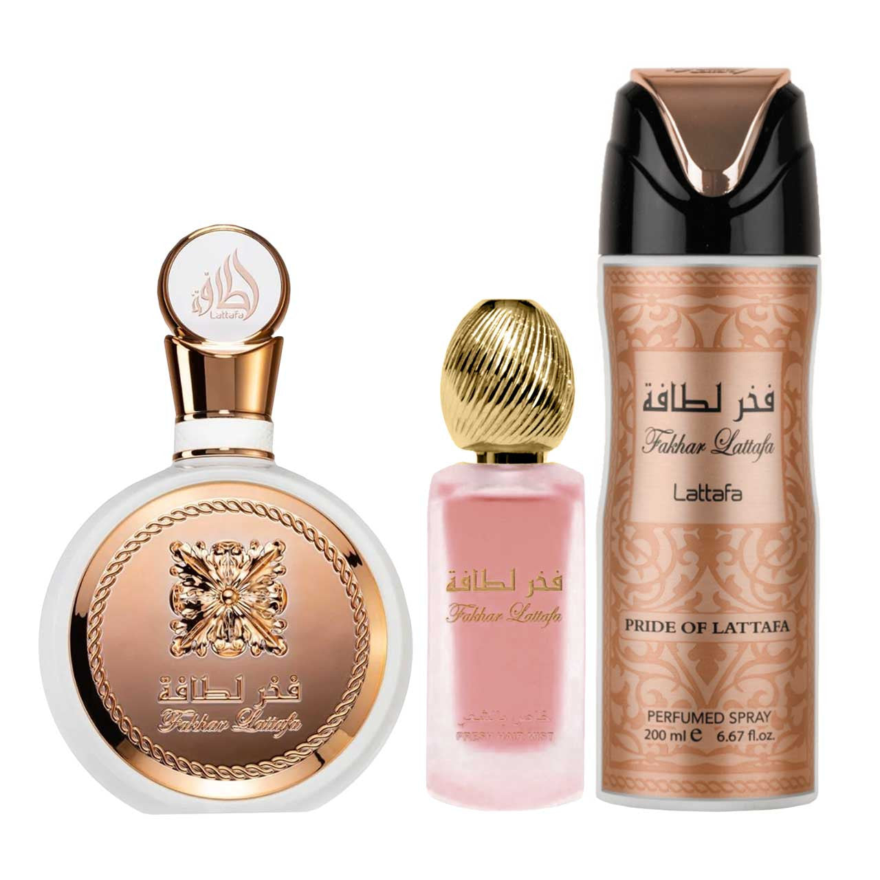 Lattafa Fakhar Rose Estuche 3 Piezas Dama EDP 100ml + Perfume Spray 200ml + Hair Mist 50ml