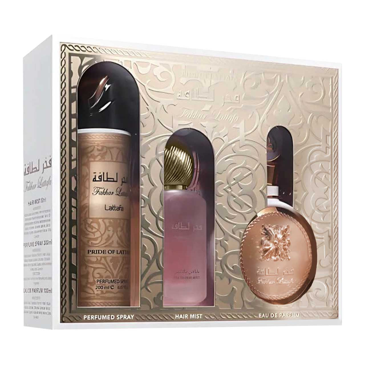 Lattafa Fakhar Rose Estuche 3 Piezas Dama EDP 100ml + Perfume Spray 200ml + Hair Mist 50ml