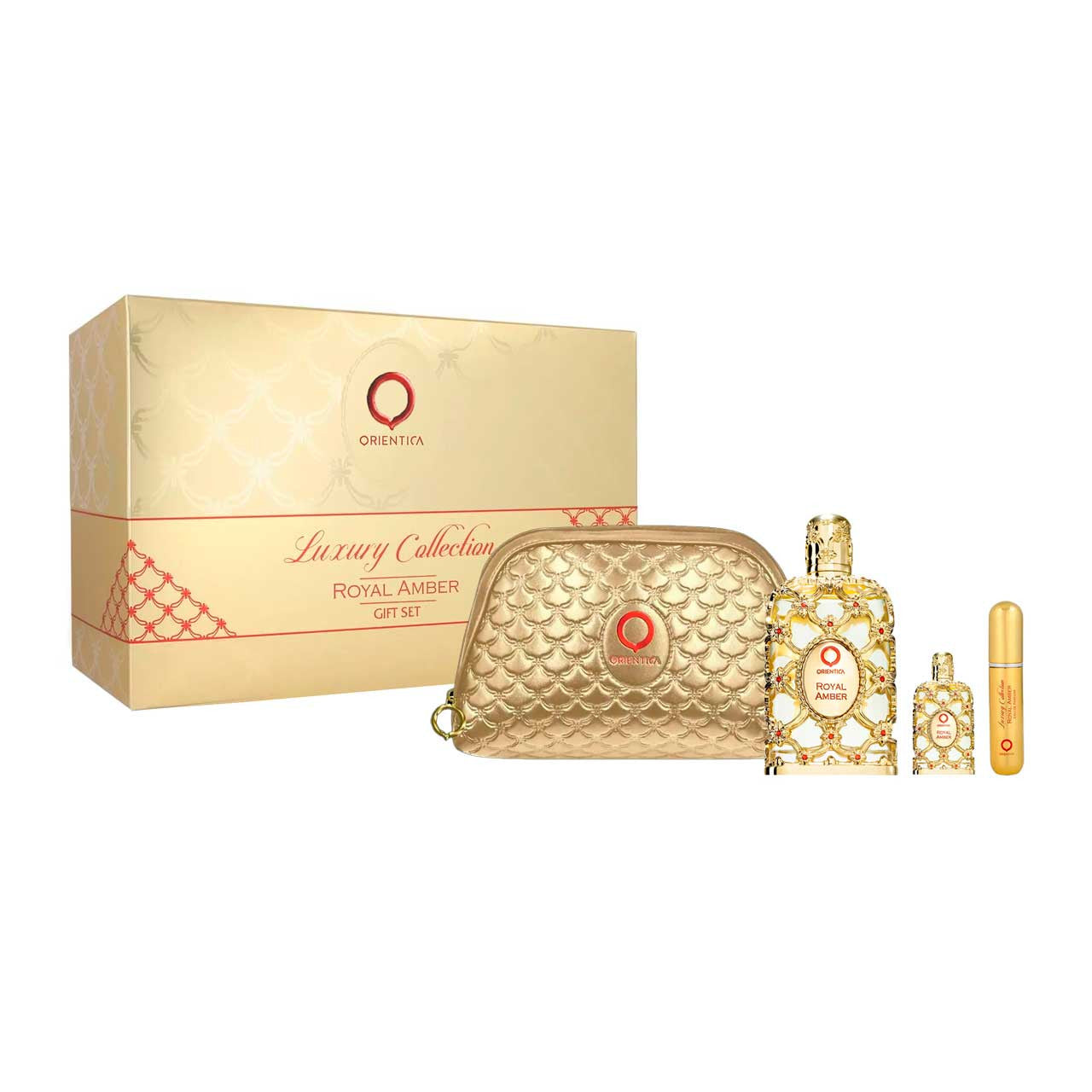 Orientica Royal Amber Bolsa SET 4 Piezas Unisex EDP 80ml + Miniatura 10ml + Atomizador + Bolsa de Viaje