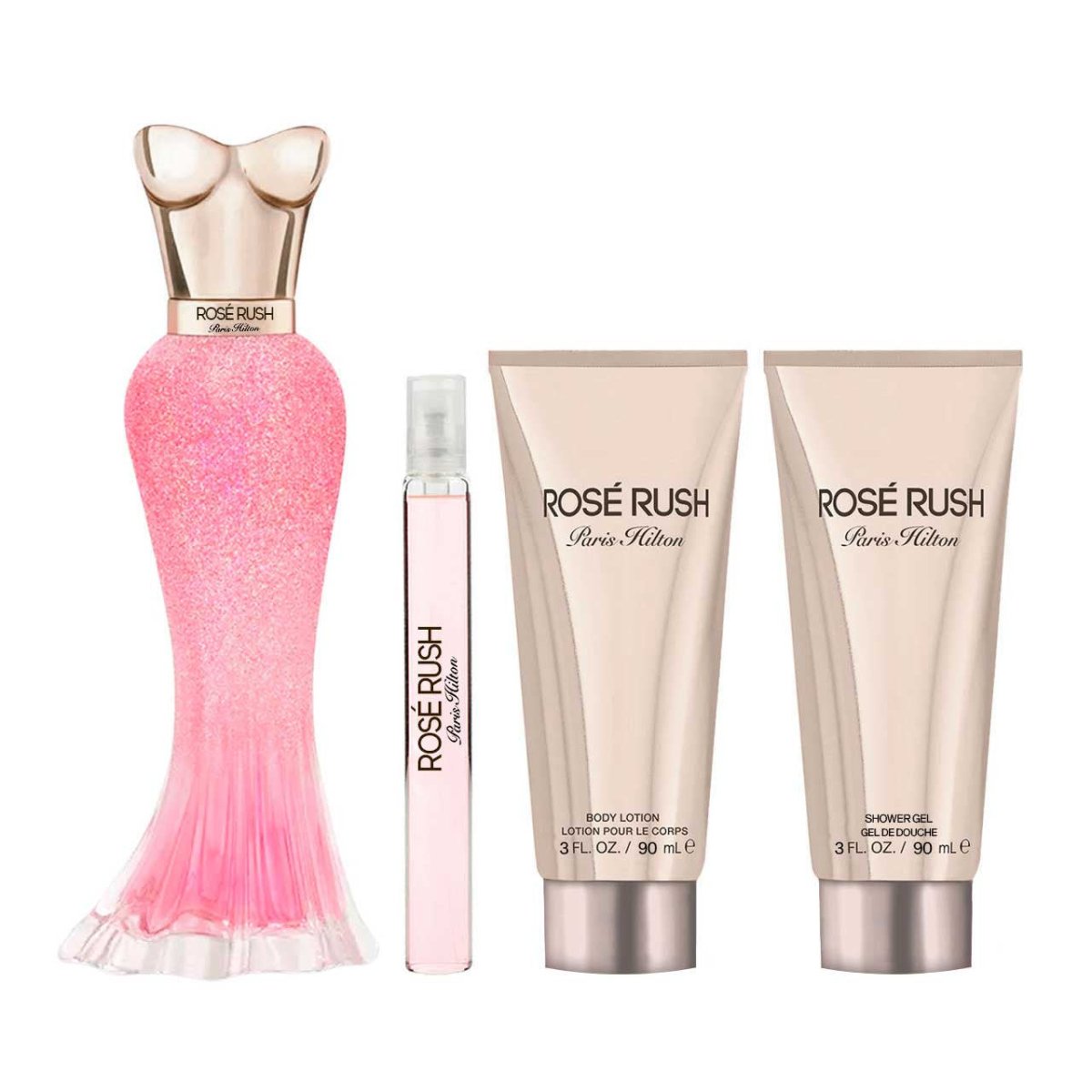 Rose Rush by Paris Hilton SET 4 Piezas Dama EDP 100 ml + Crema P/Cuerpo 90 ml + Gel De Ducha + Mini 10ml