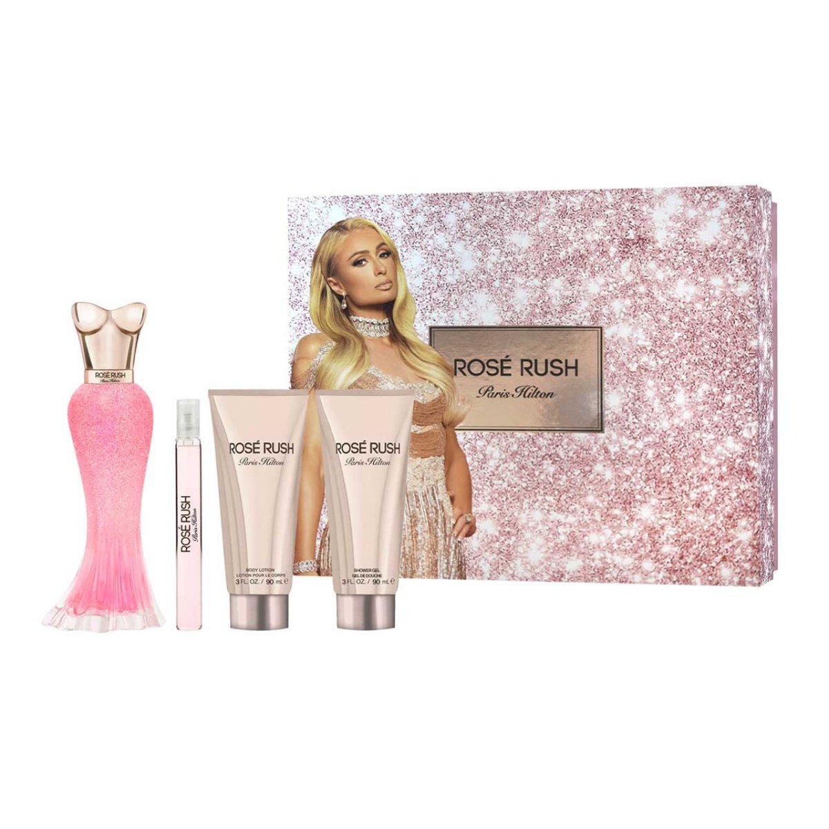 Rose Rush by Paris Hilton SET 4 Piezas Dama EDP 100 ml + Crema P/Cuerpo 90 ml + Gel De Ducha + Mini 10ml