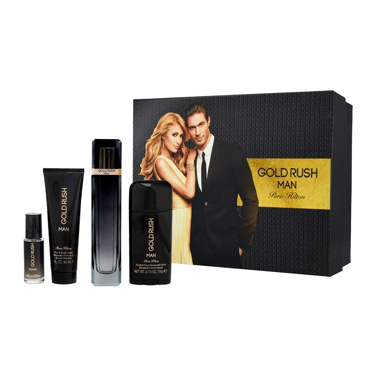 Gold Rush Estuche 4 Piezas Hombre by Paris Hilton EDT 100 ml + Gel p/bañar 90 ml + Desodorante + Mini 15ml