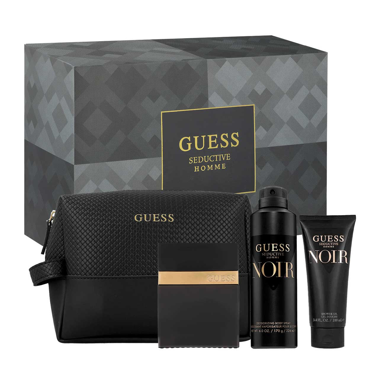 Guess Seductive Noir SET 4 Piezas Hombre EDT 100ml + Gel de Ducha 100ml + Desodorante 226ml + Bolsa de Viaje