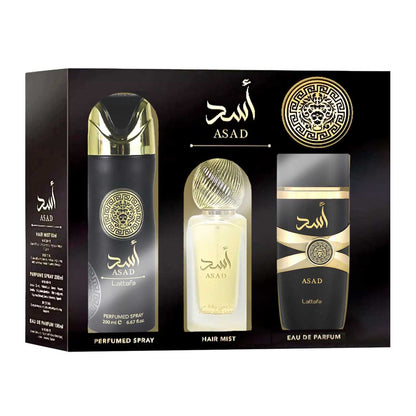 Lattafa Asad ESTUCHE 3 Piezas Hombre EDP 100ml + Refrescador para cabello 50ml + Perfume spray 200ml